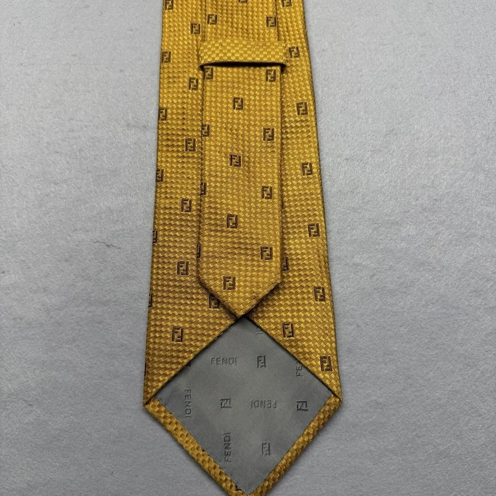 Vintage Fendi Men's Woven 100% Silk Tie Gold Geometric Pattern Logo Accent